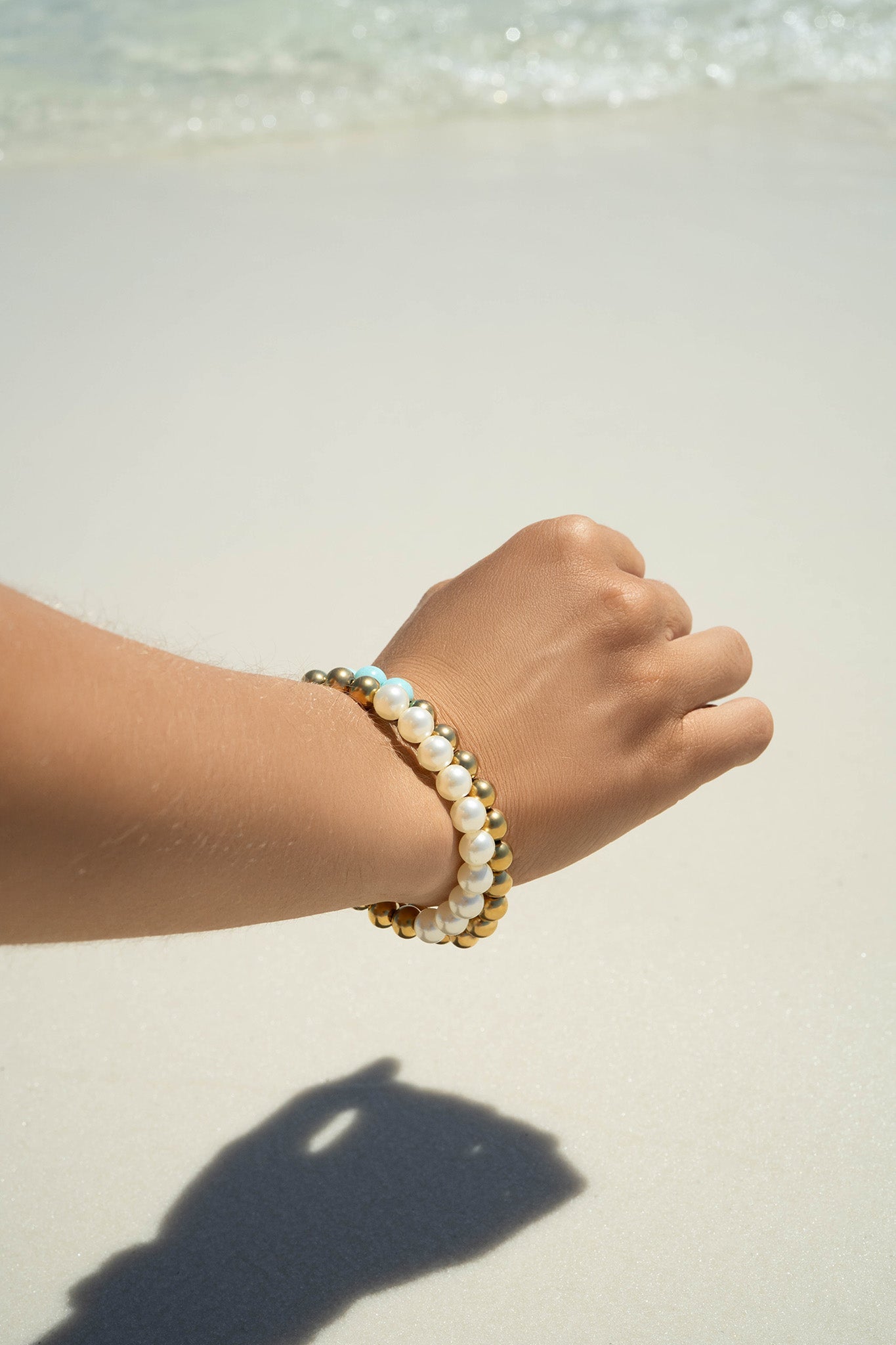 18K Gold PVD Stainless Steel Semi Precious Beaded Stretch Bracelets / SBB0355