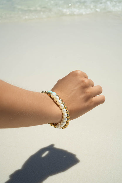 18K Gold PVD Stainless Steel Semi Precious Beaded Stretch Bracelets / SBB0355