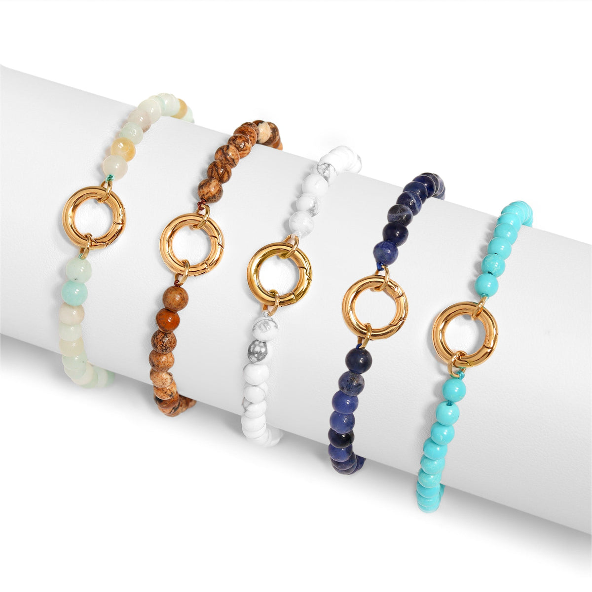 18K Gold PVD Stainless Steel Semi Precious Natural Stone Charm Keeper Bracelet / SBB0358