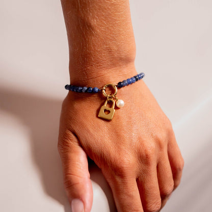 18K Gold PVD Stainless Steel Semi Precious Natural Stone Charm Keeper Bracelet / SBB0358