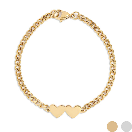 18K Gold PVD Stainless Steel Engravable 2 Hearts on Curb Chain Bracelet / SBB0366