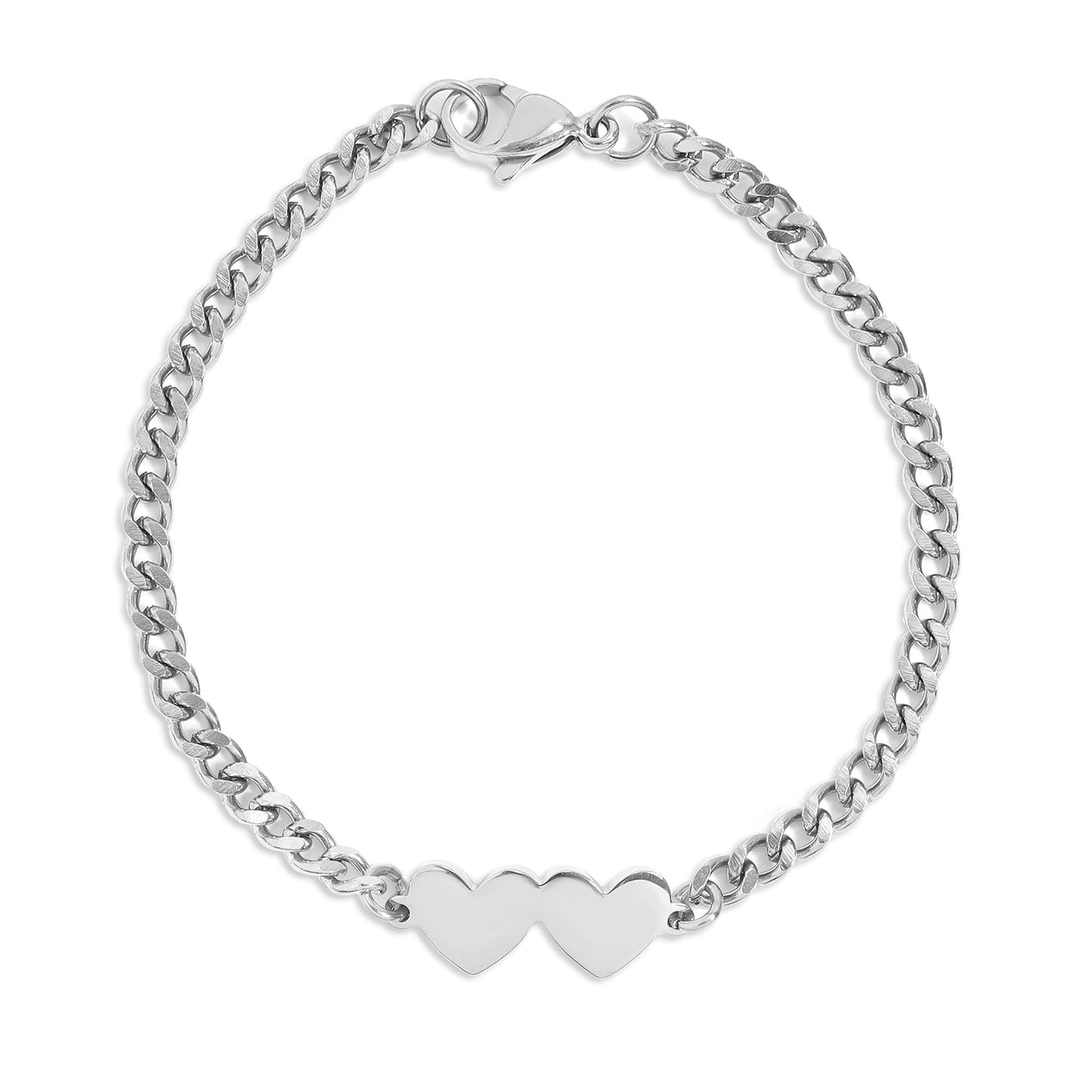 18K Gold PVD Stainless Steel Engravable 2 Hearts on Curb Chain Bracelet / SBB0366