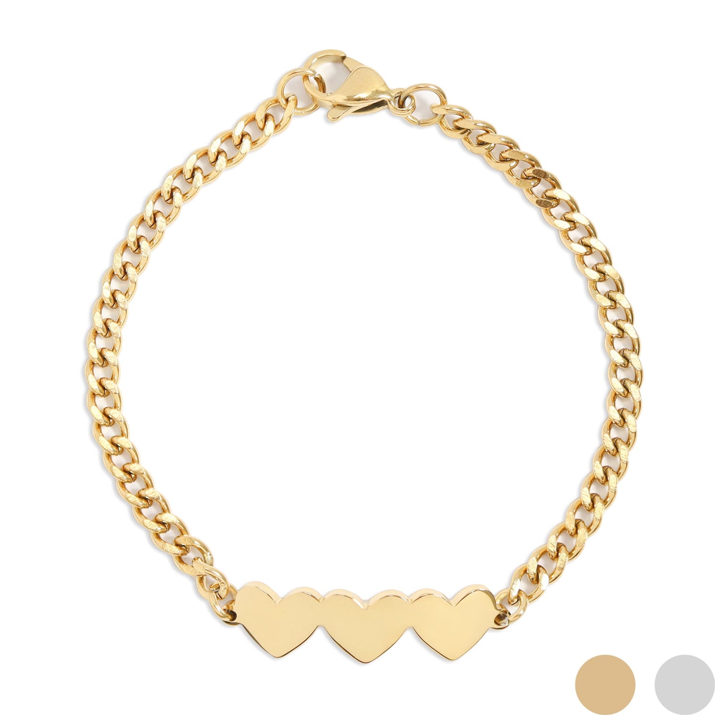 18K Gold PVD Stainless Steel Engravable 3 Hearts on Curb Chain Bracelet / SBB0367