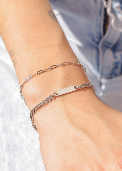18K Gold PVD Stainless Steel Engravable Curb Chain Bar Bracelet / SBB0339