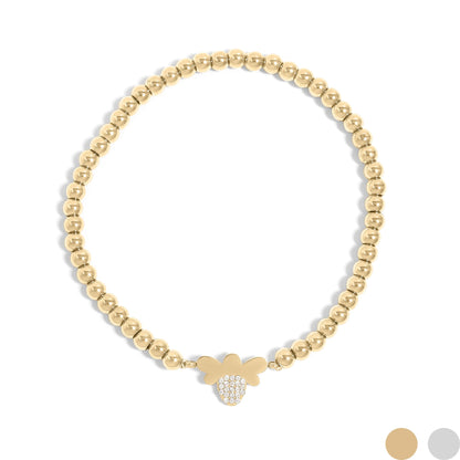 18K Gold PVD Stainless Steel Stone Bee Metal Beaded Stretch Bracelet / BRJ1022