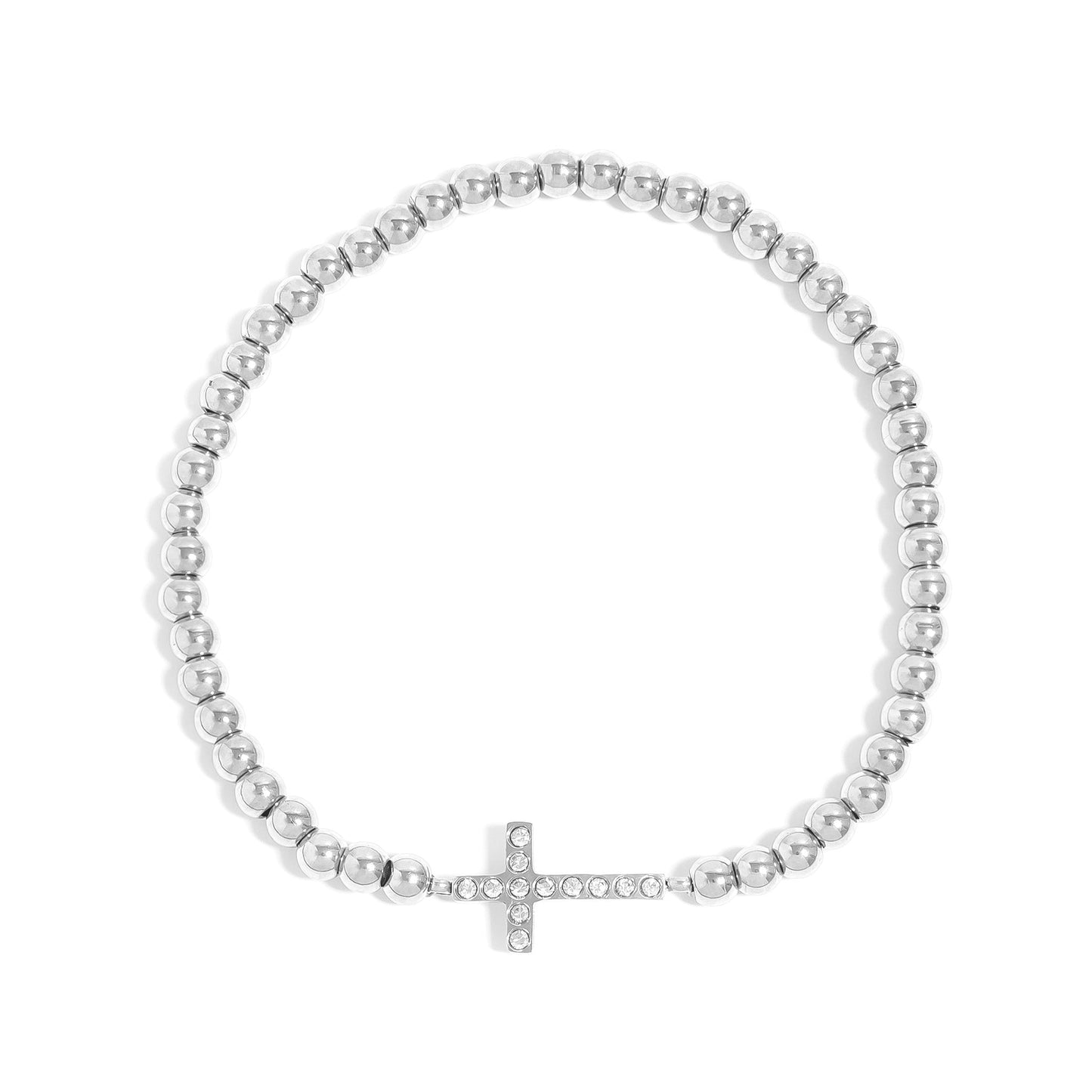 18K Gold PVD Stainless Steel Stone Cross Metal Beaded Stretch Bracelet / BRJ1019