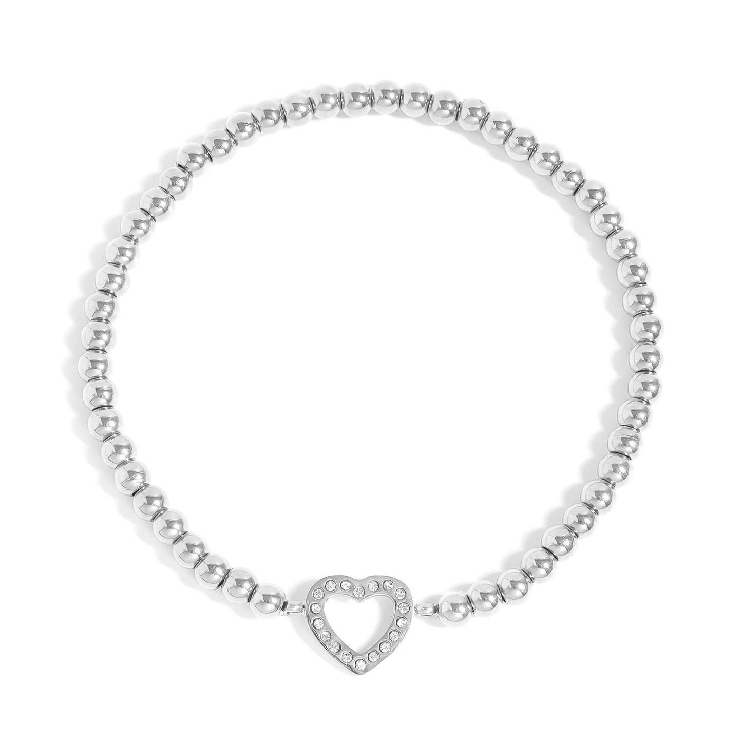 18K Gold PVD Stainless Steel Stone Heart Metal Beaded Stretch Bracelet / BRJ1016