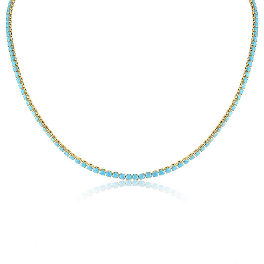 18K Gold PVD Stainless Steel Turquoise Rhinestone Tennis Chain Necklace / TNN0006
