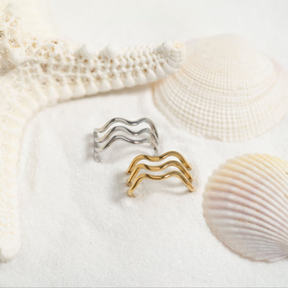 18K Gold PVD Stainless Steel Triple Wave Geometric Ring / KSS0005