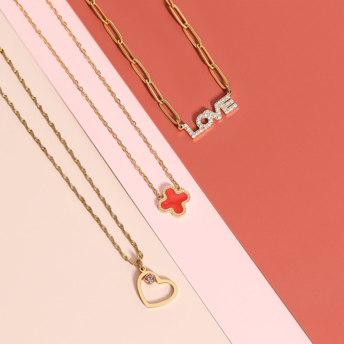 18K Gold PVD Stainless Steel Stone "Love" Paperclip Chain Necklace / CHN9974