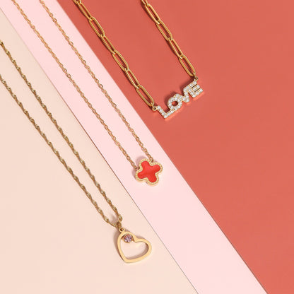 18K Gold PVD Stainless Steel Stone "Love" Paperclip Chain Necklace / CHN9974