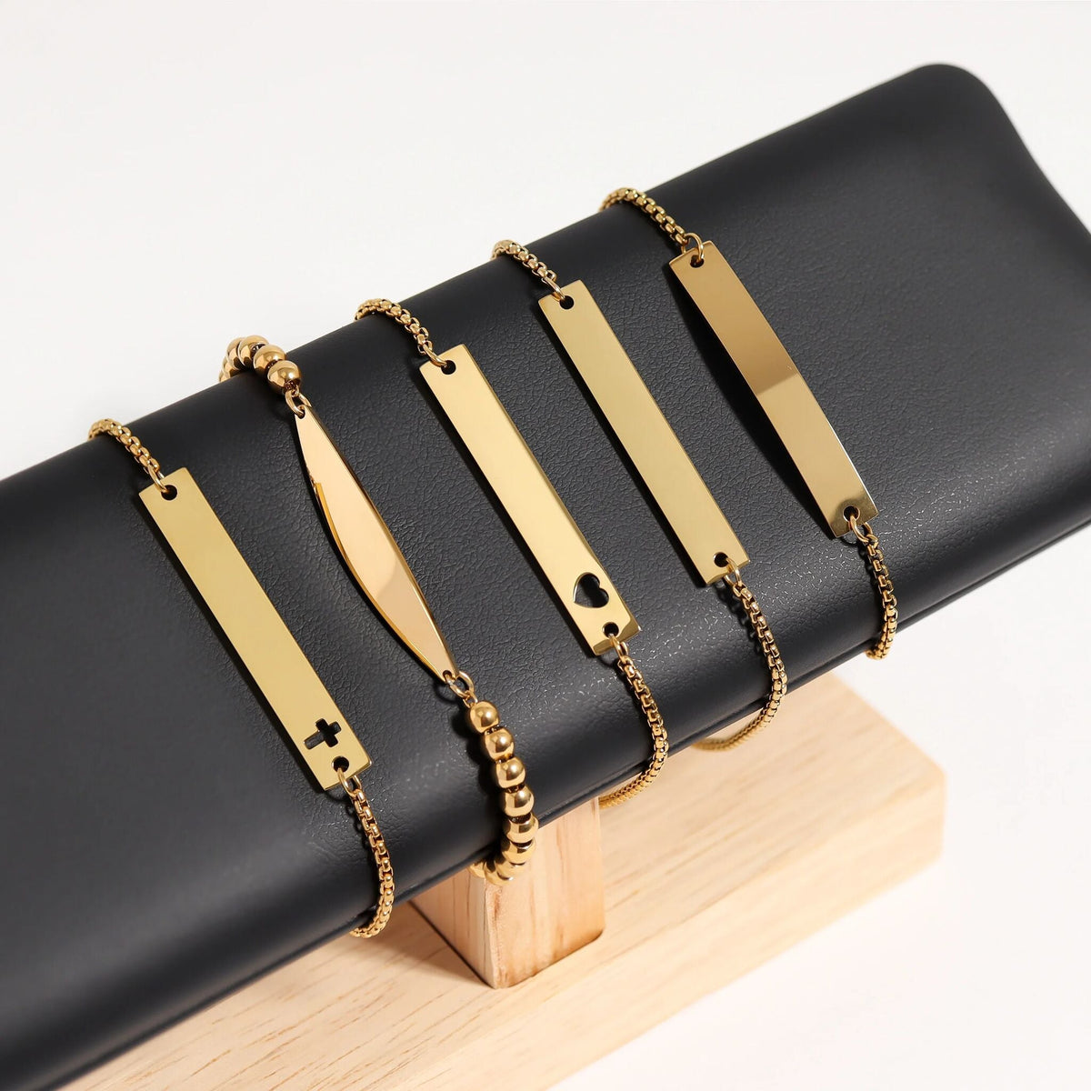18K Gold PVD Stainless Steel Adjustable Beaded Curved Blank Bar Bracelet / SBB0272