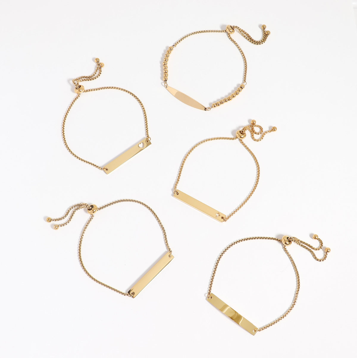 18K Gold PVD Stainless Steel Adjustable Beaded Curved Blank Bar Bracelet / SBB0272