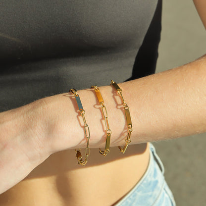18K Gold PVD Stainless Steel Engravable Paperclip 2 Bar Bracelet / SBB0314