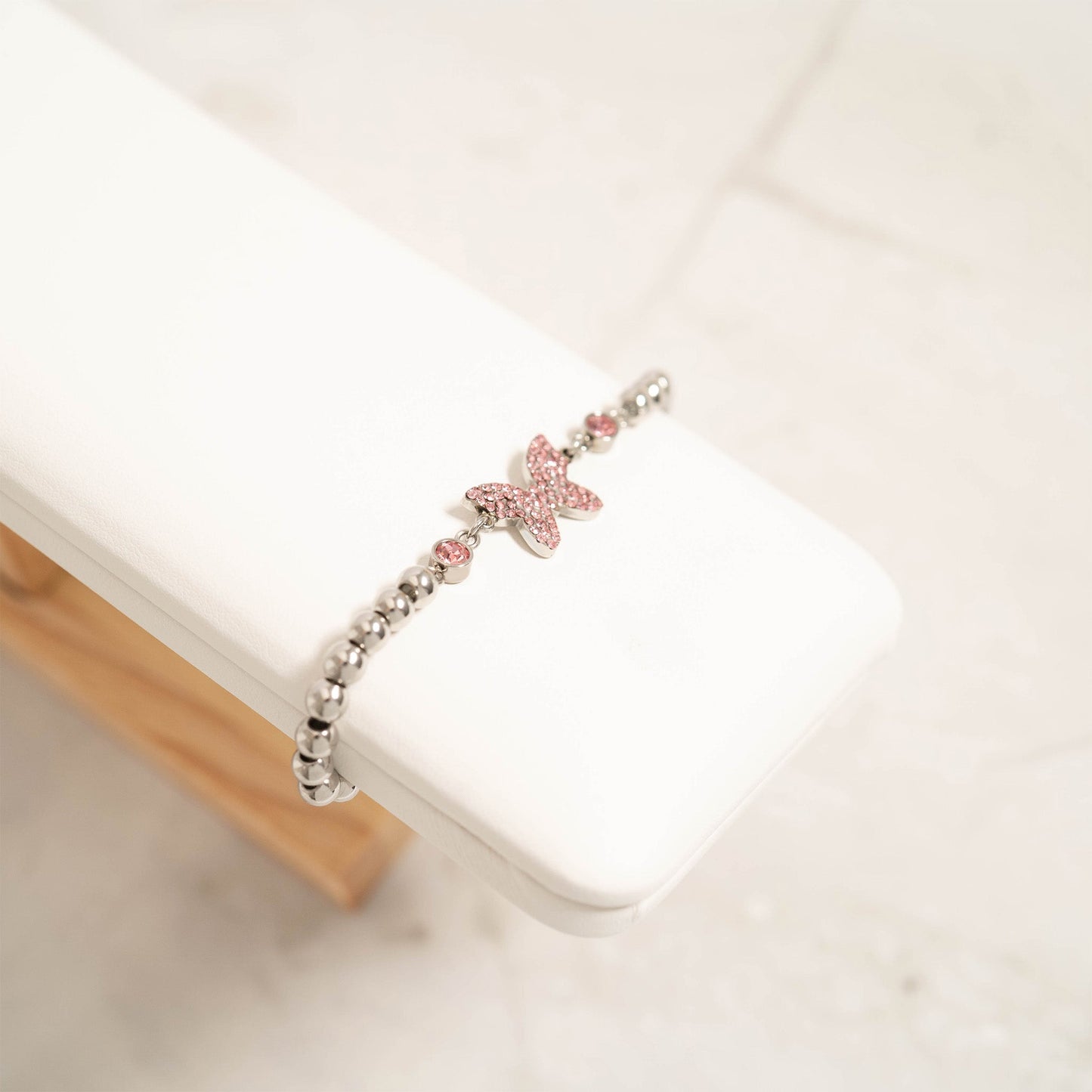 18K Gold PVD Stainless Steel Butterfly Beaded Stretch Bracelet / BRJ1074