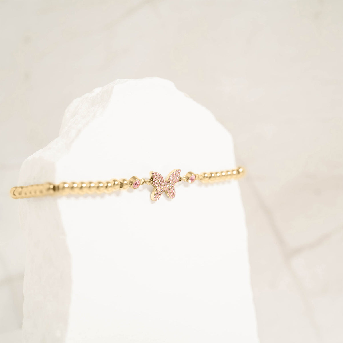 18K Gold PVD Stainless Steel Butterfly Beaded Stretch Bracelet / BRJ1074