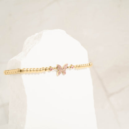 18K Gold PVD Stainless Steel Butterfly Beaded Stretch Bracelet / BRJ1074