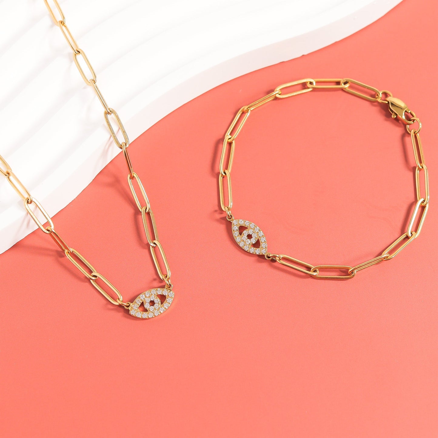 18K Gold PVD Stainless Steel Stone "Evil Eye" Paperclip Chain Necklace / CHN9975