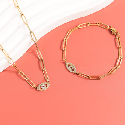 18K Gold PVD Stainless Steel Stone "Evil Eye" Paperclip Chain Bracelet / BRJ1005