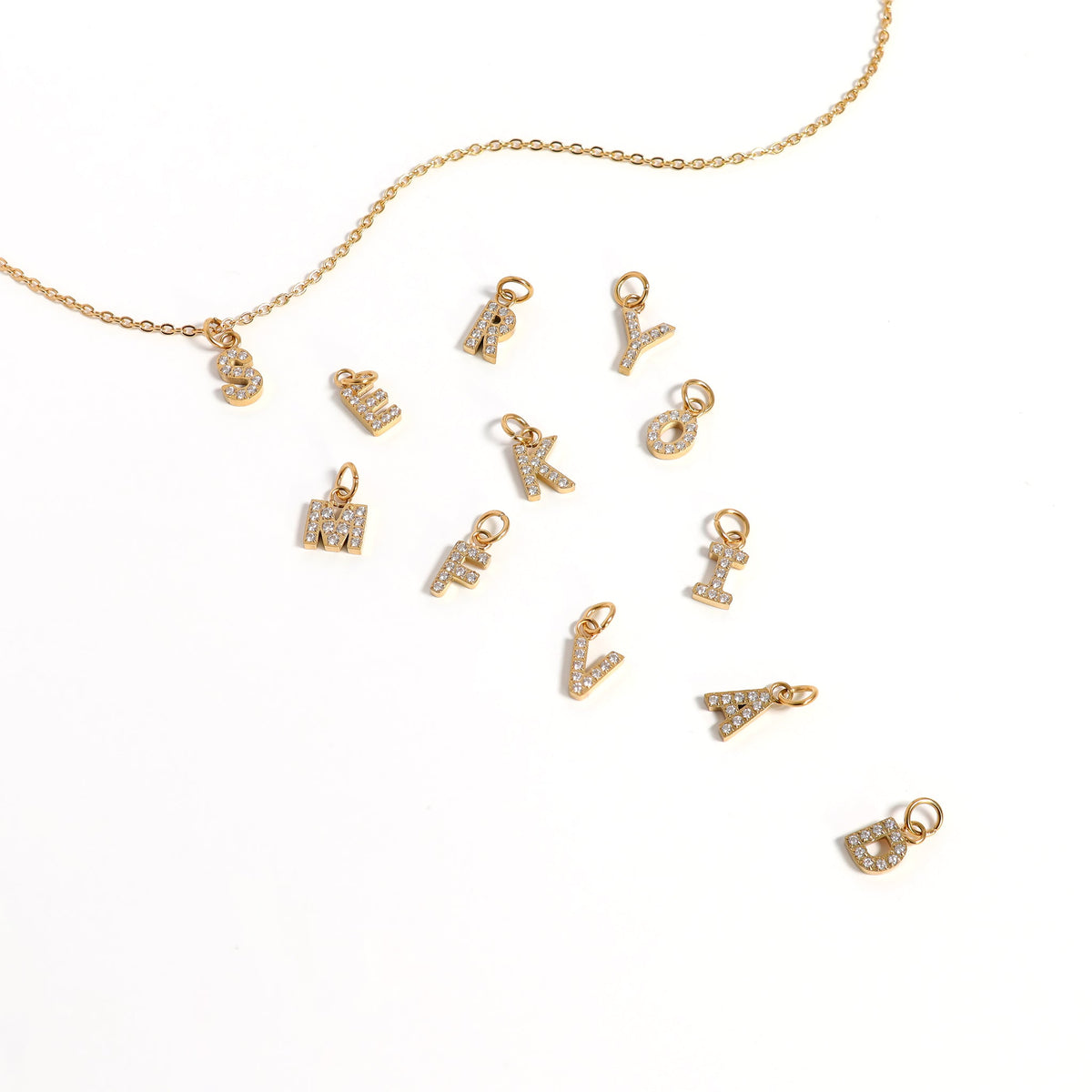 18K Gold PVD Stainless Steel Pave Set CZ Initial Letter Charms / PDC9021