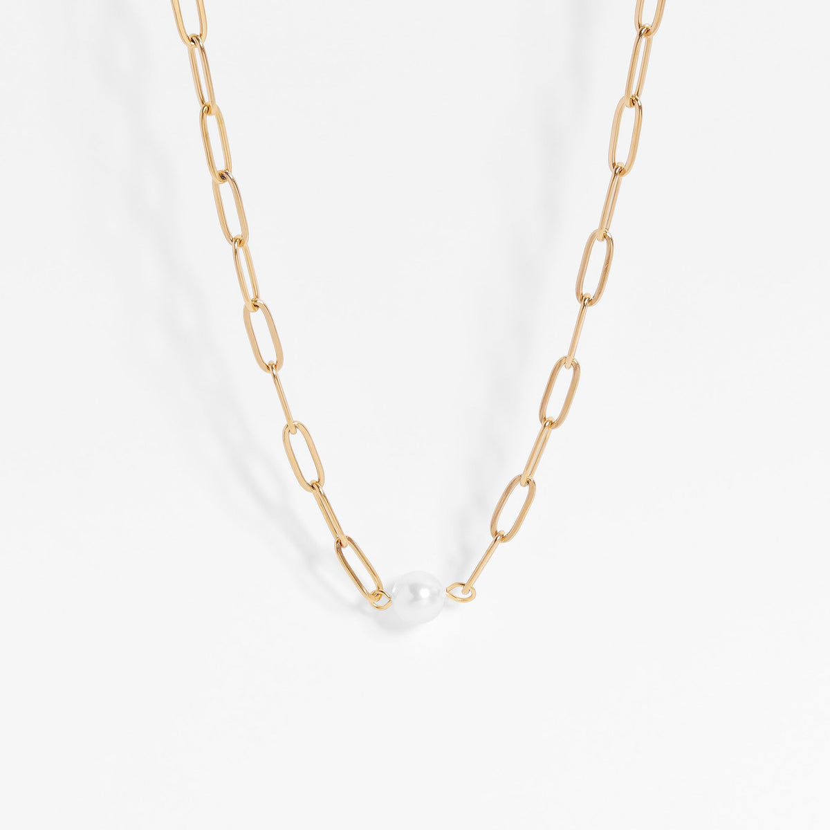 18K Gold PVD Stainless Steel Paperclip Necklace With Pearl / CHN9956