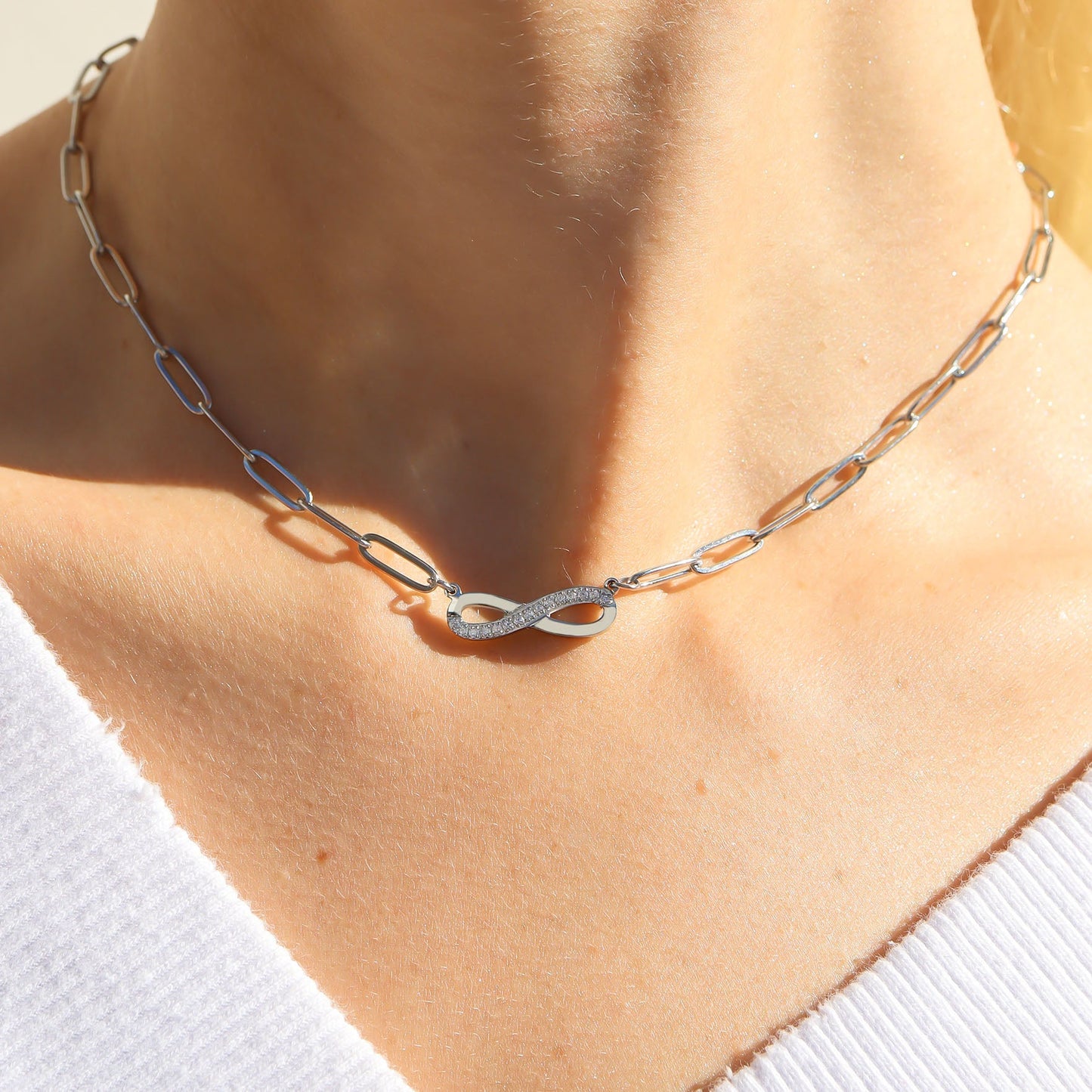 18K Gold PVD Stainless Steel Stone "Infinity" Paperclip Chain Necklace / CHN9977