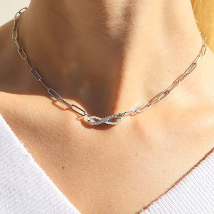 18K Gold PVD Stainless Steel Stone "Infinity" Paperclip Chain Necklace / CHN9977