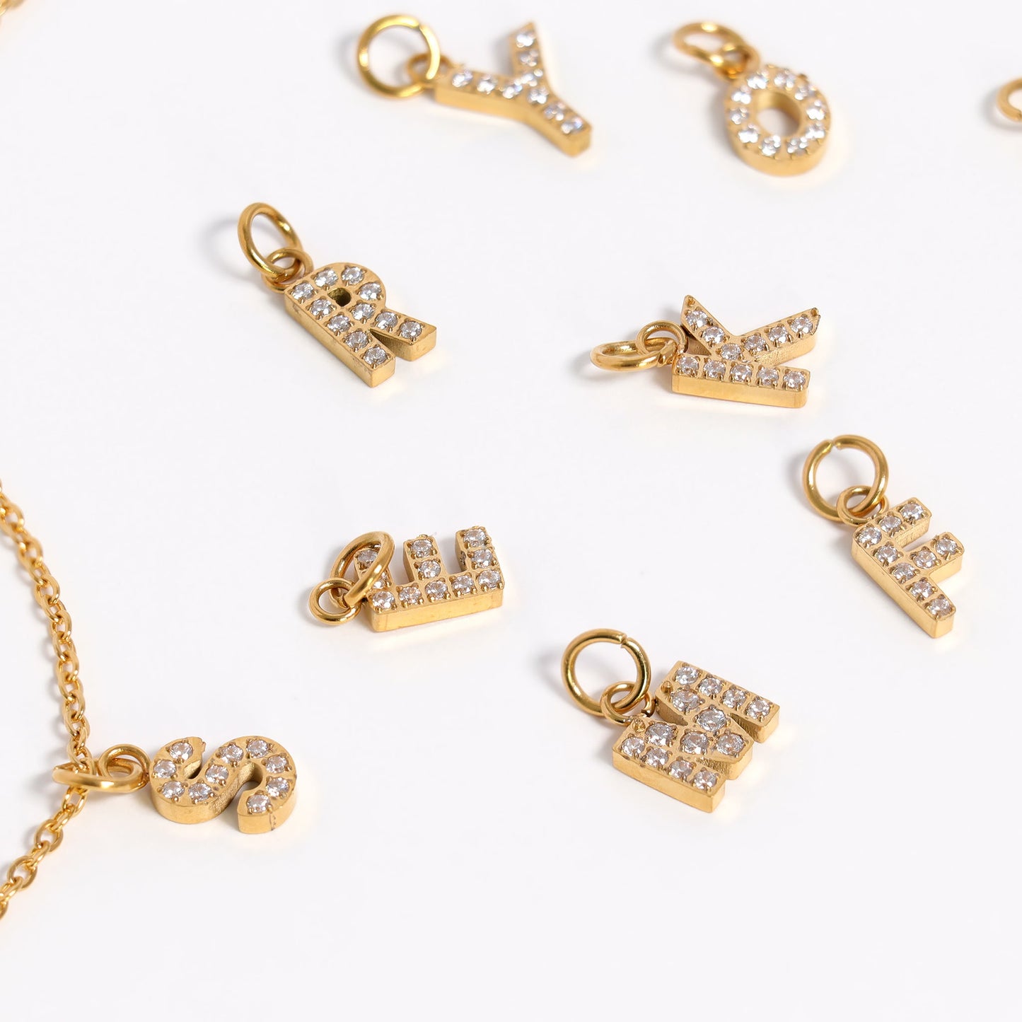 18K Gold PVD Stainless Steel Pave Set CZ Initial Letter Charms / PDC9021