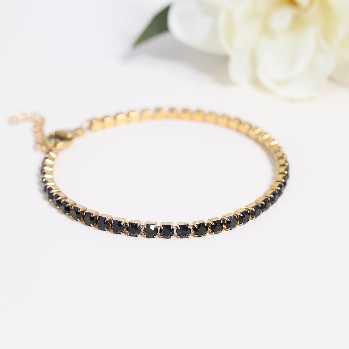 18K Gold PVD Stainless Steel Jet Rhinestone Tennis Chain Bracelet / TBR0004