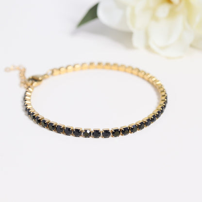 18K Gold PVD Stainless Steel Jet Rhinestone Tennis Chain Bracelet / TBR0004