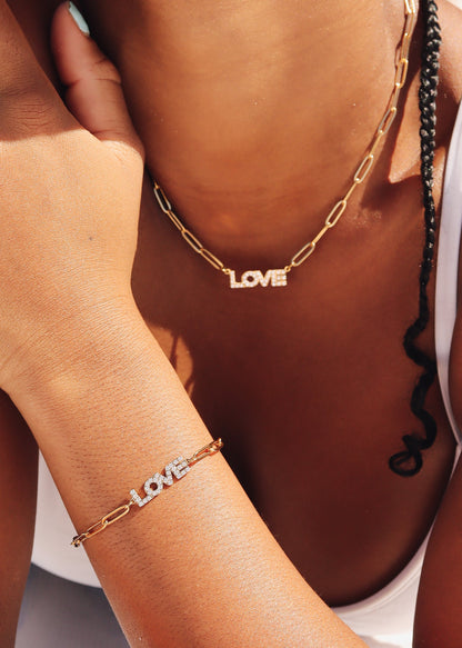 18K Gold PVD Stainless Steel CZ "Love" Paperclip Chain Bracelet / BRJ1004