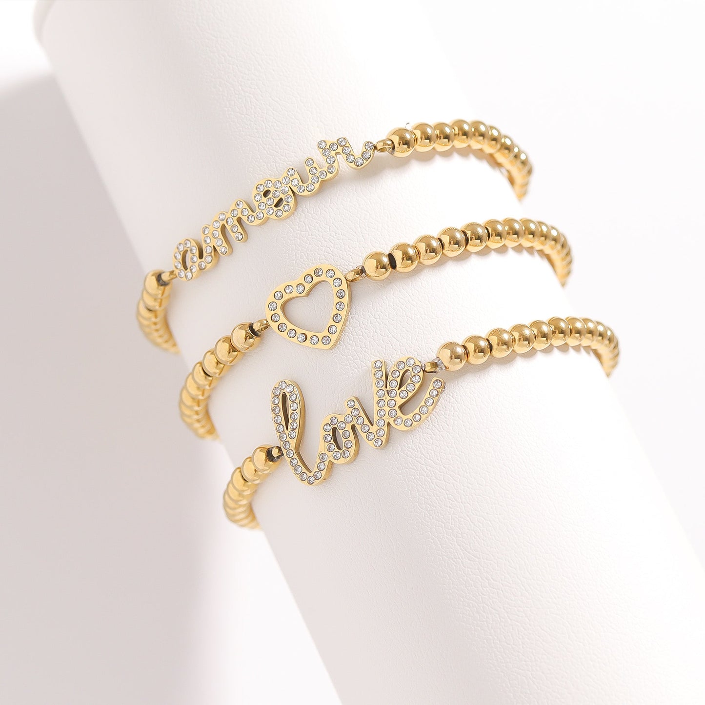 18K Gold PVD Stainless Steel Stone Love Metal Beaded Stretch Bracelet / BRJ1014