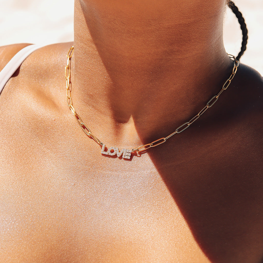 18K Gold PVD Stainless Steel Stone "Love" Paperclip Chain Necklace / CHN9974