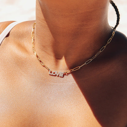 18K Gold PVD Stainless Steel Stone "Love" Paperclip Chain Necklace / CHN9974