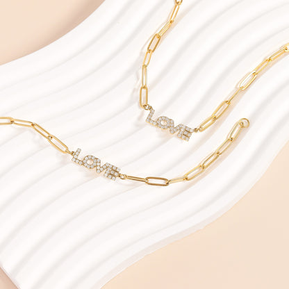 18K Gold PVD Stainless Steel CZ "Love" Paperclip Chain Bracelet / BRJ1004