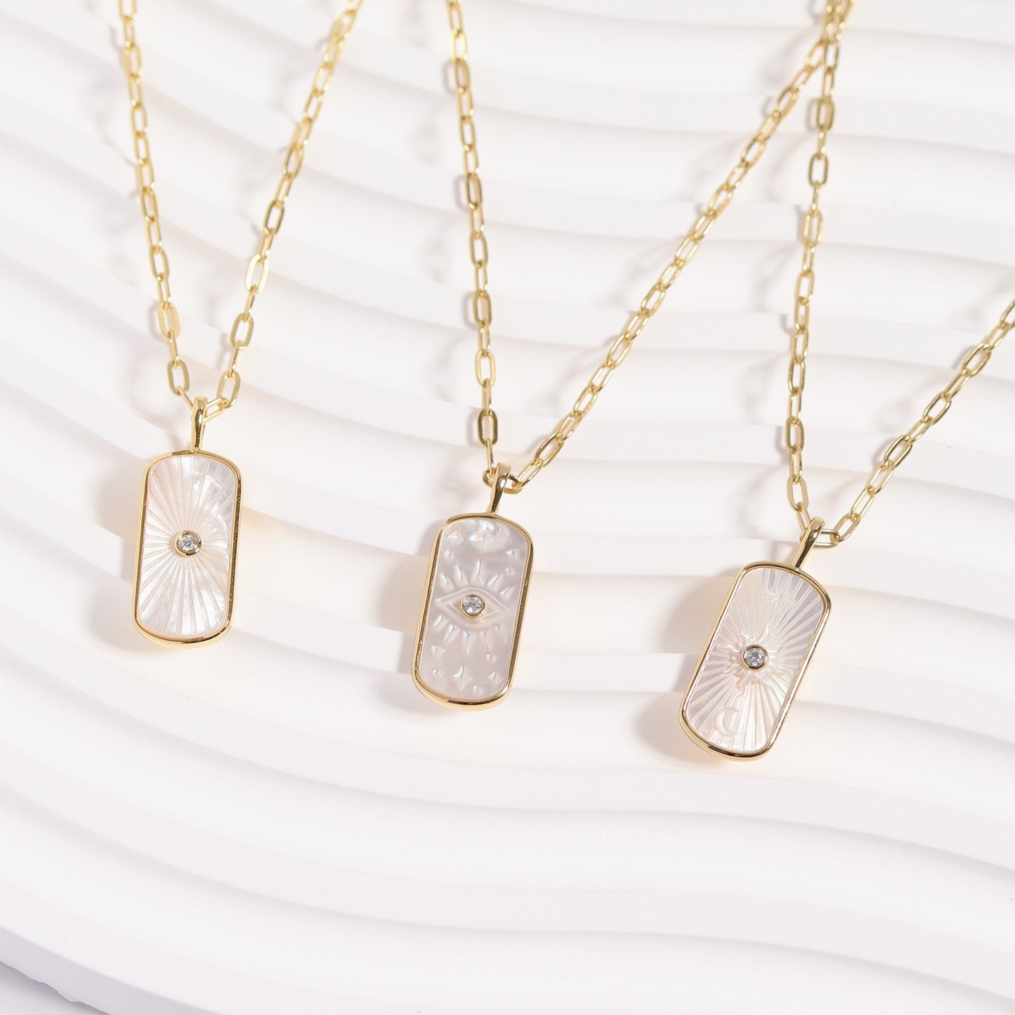 14K Gold Plated Sterling Silver Mother of Pearl Sunburst Mystical Paperclip Chain Necklace / PMJ0029