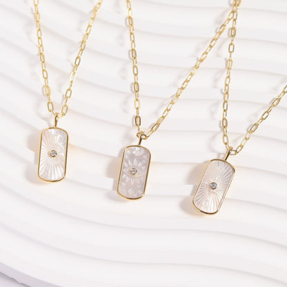 14K Gold Plated Sterling Silver Mother of Pearl Sunburst Mystical Paperclip Chain Necklace / PMJ0029