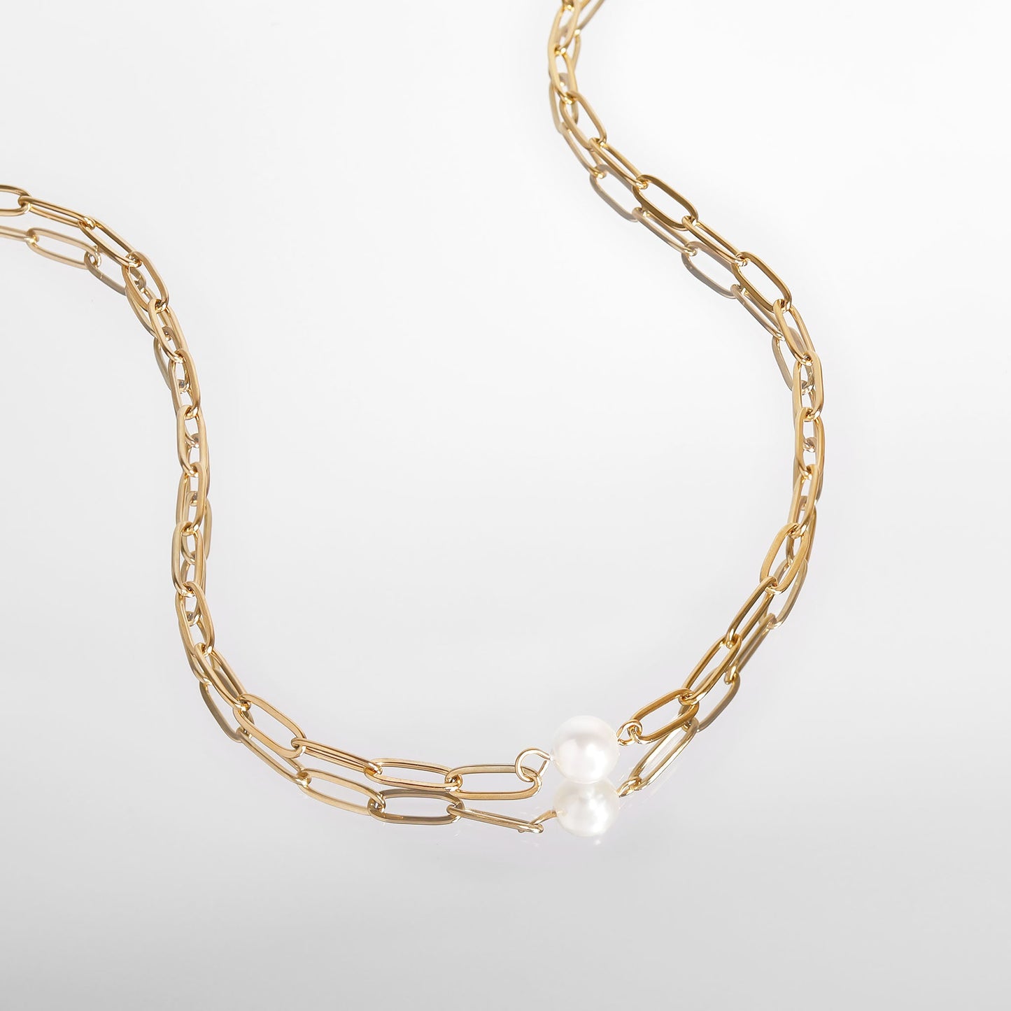 18K Gold PVD Stainless Steel Paperclip Necklace With Pearl / CHN9956
