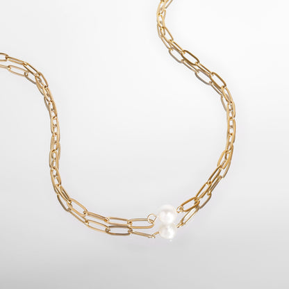 18K Gold PVD Stainless Steel Paperclip Necklace With Pearl / CHN9956