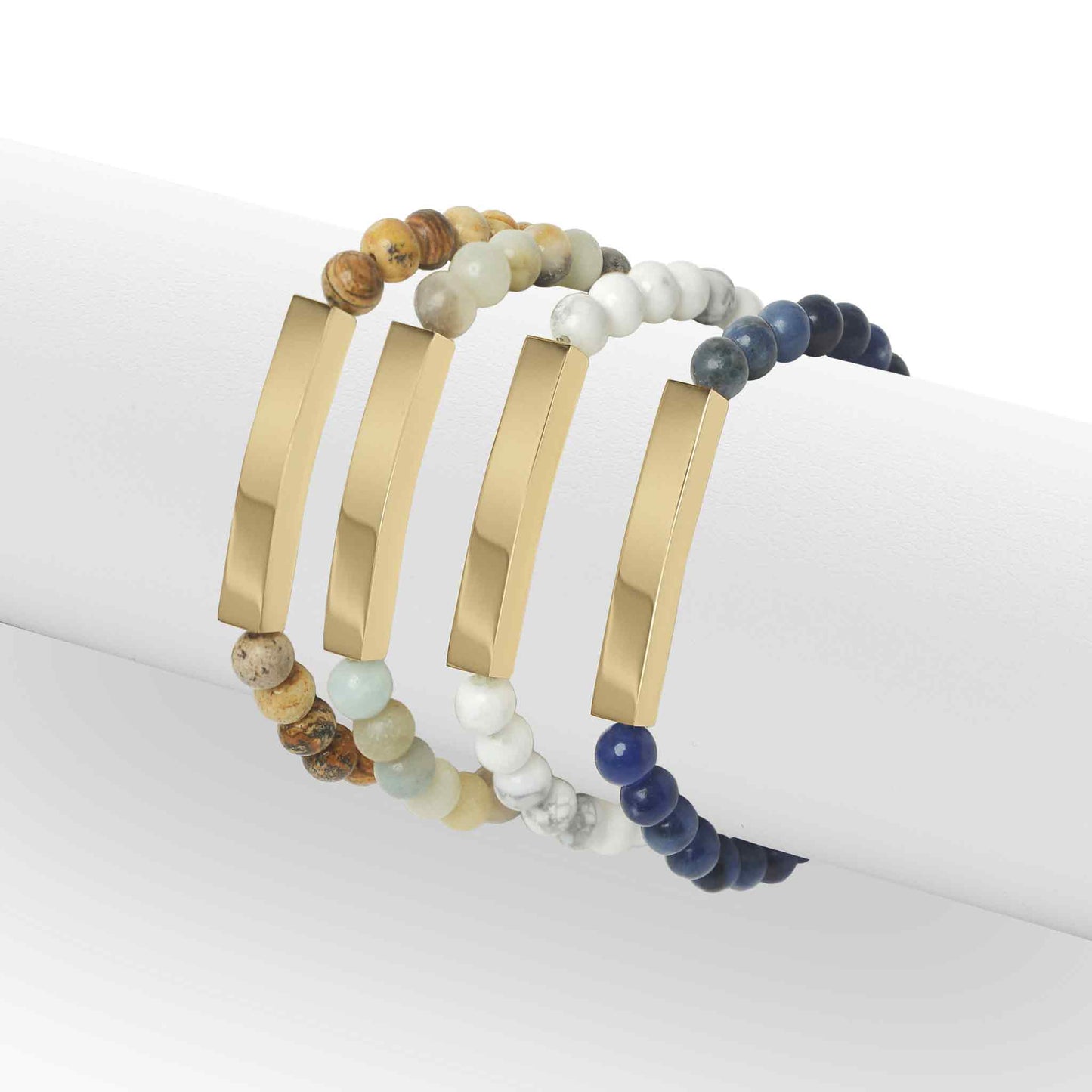 18K Gold PVD Stainless Steel Semi Precious Natural Stone Stretch Curved Bar Bracelet / SBB0278