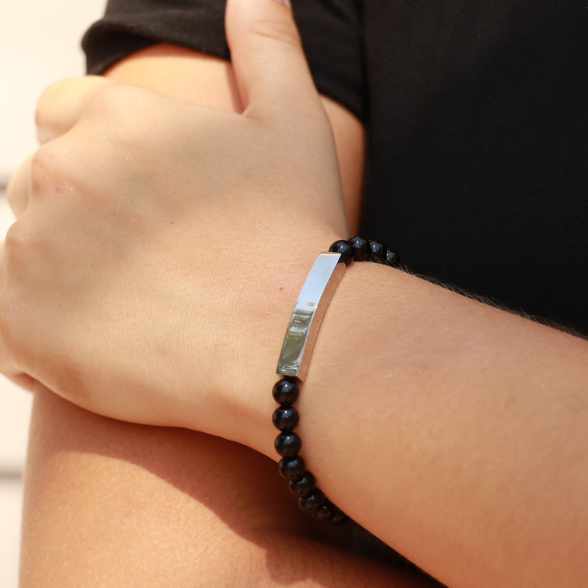 18K Gold PVD Stainless Steel Semi Precious Natural Stone Stretch Curved Bar Bracelet / SBB0278