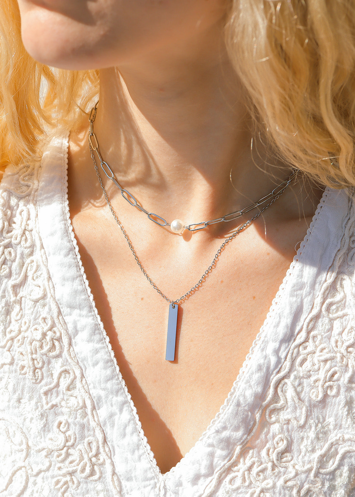 18K Gold PVD Stainless Steel Paperclip Necklace With Pearl / CHN9956