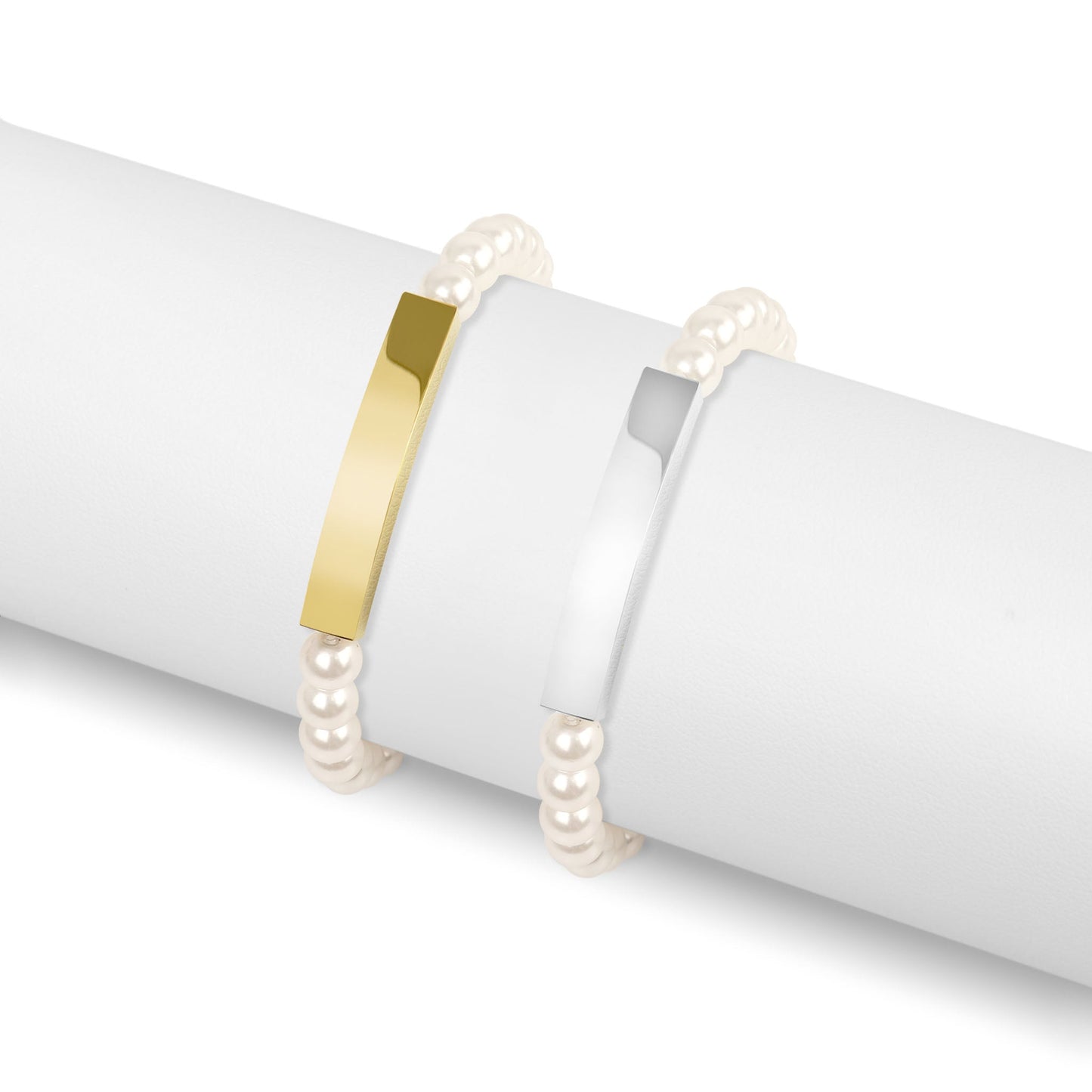 18K Gold PVD Stainless Steel Pearl Engravable Stretch Curved Bar Bracelet / SBB0321