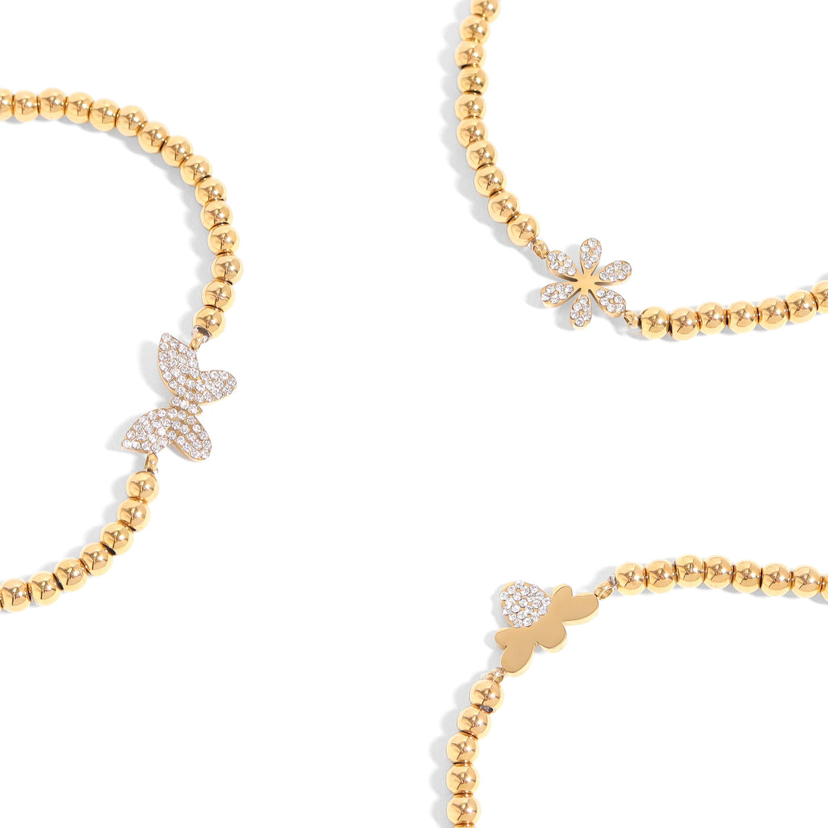 18K Gold PVD Stainless Steel Stone Flower Metal Beaded Stretch Bracelet / BRJ1020