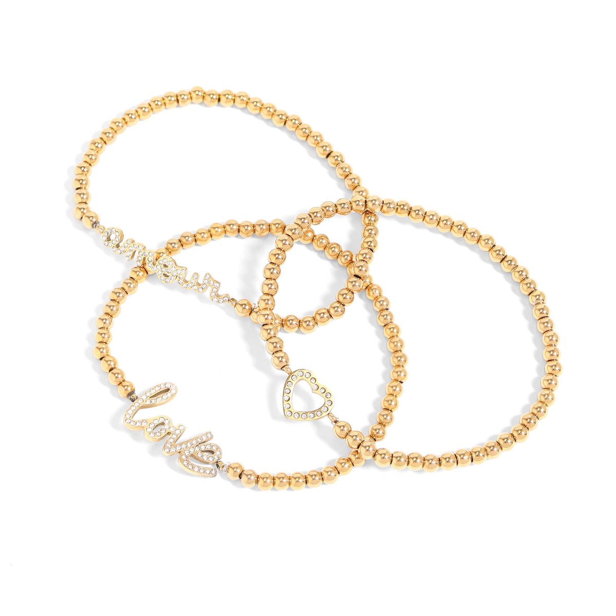 18K Gold PVD Stainless Steel Stone Heart Metal Beaded Stretch Bracelet / BRJ1016
