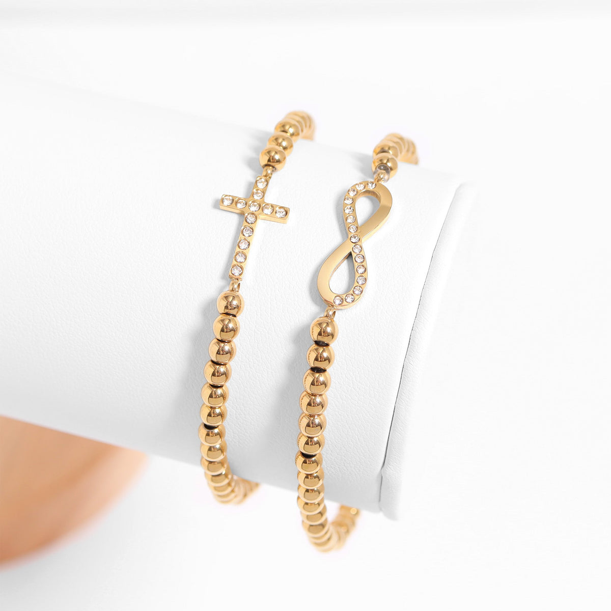 18K Gold PVD Stainless Steel Stone Infinity Sign Metal Beaded Stretch Bracelet / BRJ1017