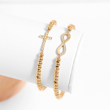 18K Gold PVD Stainless Steel Stone Infinity Sign Metal Beaded Stretch Bracelet / BRJ1017