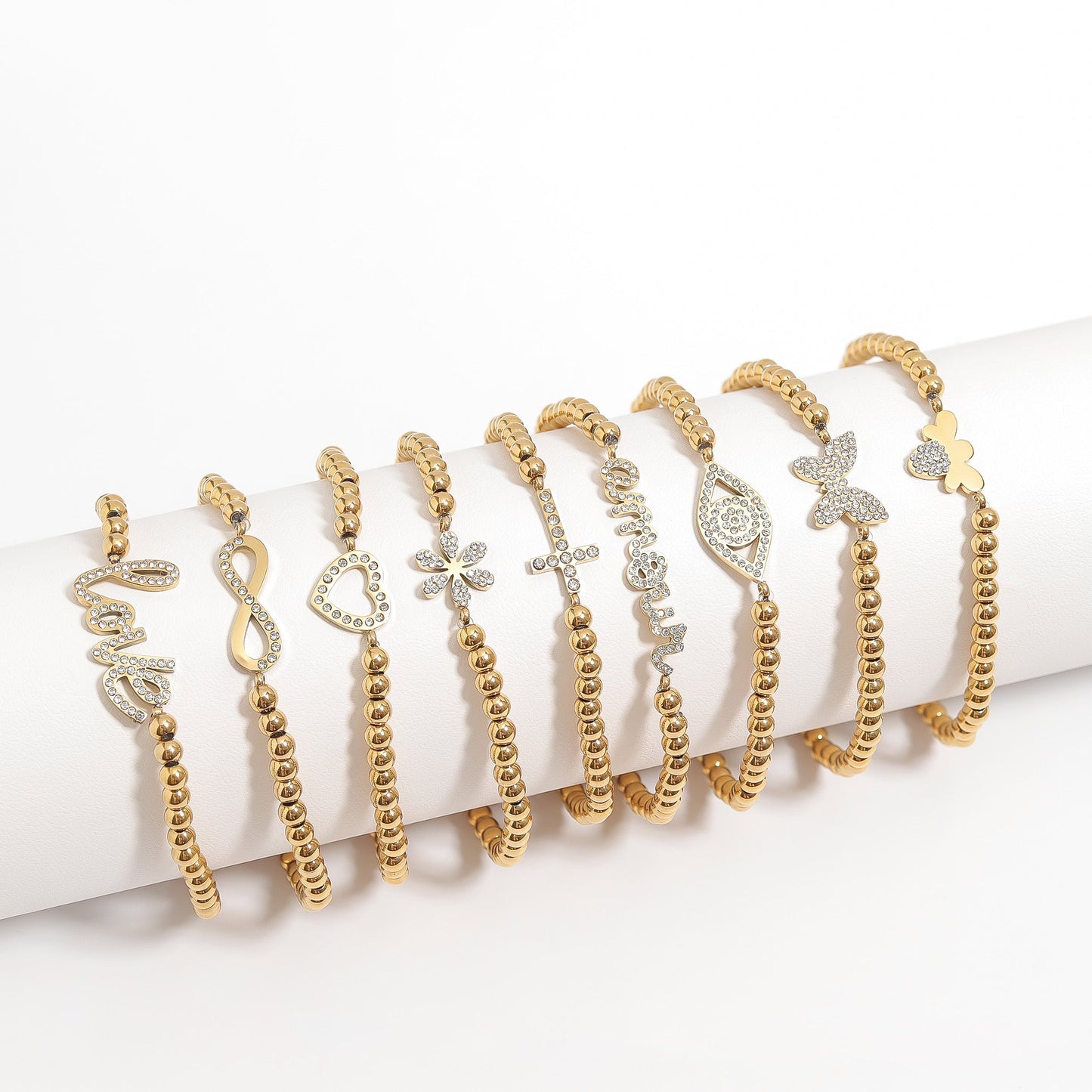 18K Gold PVD Stainless Steel Stone Amour Metal Beaded Stretch Bracelet / BRJ1015