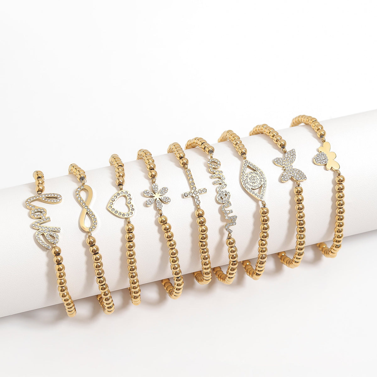 18K Gold PVD Stainless Steel Stone Flower Metal Beaded Stretch Bracelet / BRJ1020