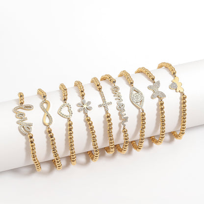 18K Gold PVD Stainless Steel Stone Flower Metal Beaded Stretch Bracelet / BRJ1020